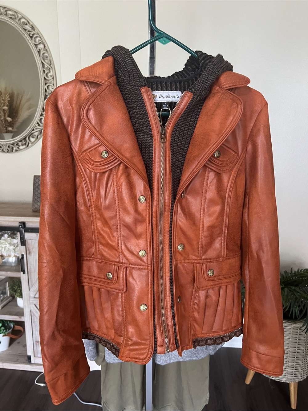 Montana Co. Women's Cognac Leather Jacket with Knit Trim size small NWT